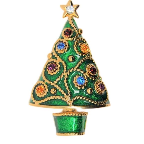 WEINGEROFF Vintage Goldtone Enamel Christmas Tree With Earrings As Ornaments Bro - Picture 1 of 2